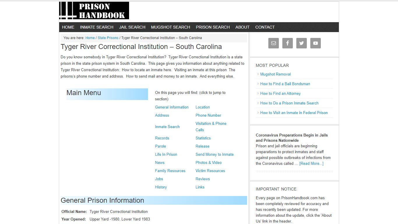 Tyger River Correctional Institution – South Carolina - Prison Handbook